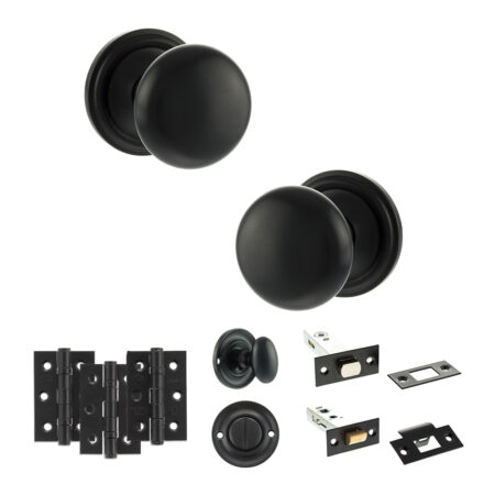 Atlantic Old English Harrogate Door Knob Pack (Bathroom Set - 4" Deadbolt, 3" Fire Rated Hinges x3) - Matt Black
