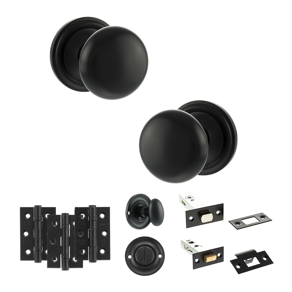 ADPOE58RMKMB61_OLD-ENGLISH-HARROGATE-MATT-BLACK.jpg Atlantic Old English Harrogate Door Knob Pack (Bathroom Set - 4" Deadbolt, 3" Fire Rated Hinges x3) - Matt Black - Image 1