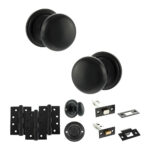 Atlantic Old English Harrogate Door Knob Pack (Bathroom Set - 4" Deadbolt, 4" Fire Rated Hinges x3) - Matt Black