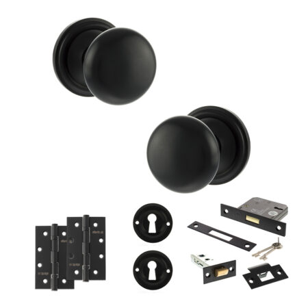 Atlantic Old English Harrogate Door Knob Pack (Lock Set - 3" Latch & Deadlock, 4" Slim Knuckle Hinges x2) - Matt Black
