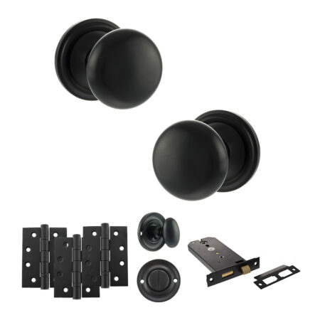 Atlantic Old English Harrogate Door Knob Pack (Lock Set - Horizontal Bathlock, 4" Fire Rated Hinges x3) - Matt Black