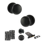Atlantic Old English Harrogate Door Knob Pack (Lock Set - Horizontal Bathlock, 4" Slim Knuckle Hinges x2) - Matt Black