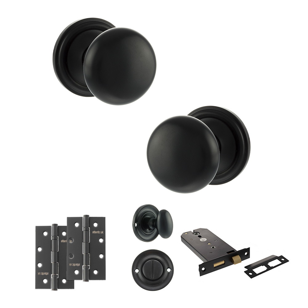 ADPOE58RMKMB74_OLD-ENGLISH-HARROGATE-MATT-BLACK.jpg Atlantic Old English Harrogate Door Knob Pack (Lock Set - Horizontal Bathlock, 4" Slim Knuckle Hinges x2) - Matt Black - Image 1