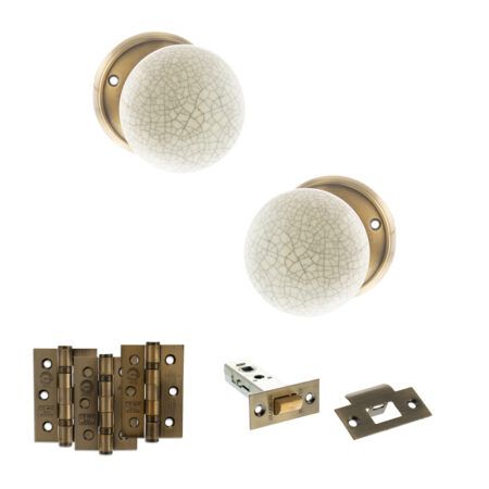 Atlantic Old English Skipton Door Knob Pack (Latch Set - 3" HD Latch, 3" Fire Rated Hinges x3) - Antique Brass