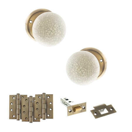 Atlantic Old English Skipton Door Knob Pack (Latch Set - 3" HD Latch, 4" Fire Rated Hinges x3) - Antique Brass