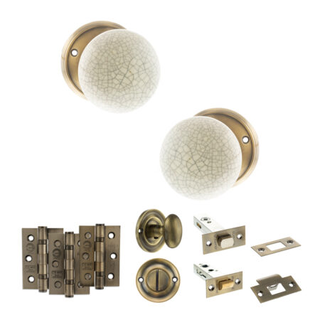 Atlantic Old English Skipton Door Knob Pack (Bathroom Set - 4" Deadbolt, 3" Fire Rated Hinges x3) - Antique Brass