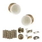 Atlantic Old English Skipton Door Knob Pack (Bathroom Set - 4" Deadbolt, 4" Fire Rated Hinges x3) - Antique Brass