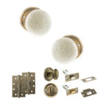 Atlantic Old English Skipton Door Knob Pack (Bathroom Set - 3" Deadbolt, 4" Slim Knuckle Hinges x2) - Antique Brass