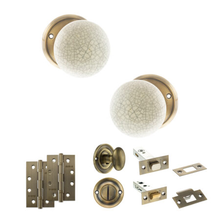 Atlantic Old English Skipton Door Knob Pack (Bathroom Set - 4" Deadbolt, 4" Slim Knuckle Hinges x2) - Antique Brass
