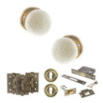 Atlantic Old English Skipton Door Knob Pack (Lock Set - 3" Latch & Deadlock, 3" Fire Rated Hinges x3) - Antique Brass