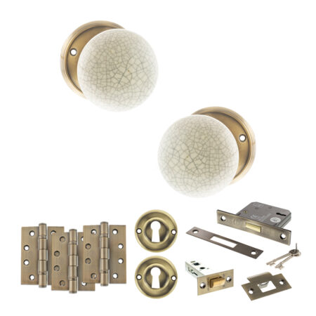 Atlantic Old English Skipton Door Knob Pack (Lock Set - 3" Latch & Deadlock, 4" Fire Rated Hinges x3) - Antique Brass