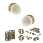 Atlantic Old English Skipton Door Knob Pack (Lock Set - 3" Latch & Deadlock, 4" Slim Knuckle Hinges x2) - Antique Brass