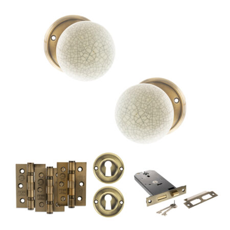 Atlantic Old English Skipton Door Knob Pack (Lock Set - Horizontal Sashlock, 3" Fire Rated Hinges x3) - Antique Brass