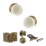 Atlantic Old English Skipton Door Knob Pack (Lock Set - Horizontal Bathlock, 3" Fire Rated Hinges x3) - Antique Brass