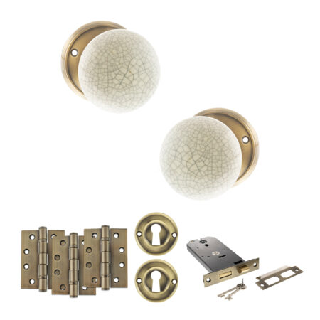 Atlantic Old English Skipton Door Knob Pack (Lock Set - Horizontal Sashlock, 4" Fire Rated Hinges x3) - Antique Brass