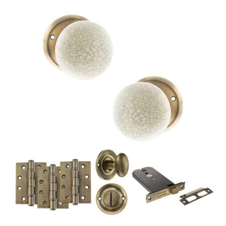 Atlantic Old English Skipton Door Knob Pack (Lock Set - Horizontal Bathlock, 4" Fire Rated Hinges x3) - Antique Brass
