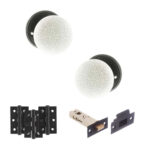 Atlantic Old English Skipton Door Knob Pack (Latch Set - 4" HD Latch, 3" Fire Rated Hinges x3) - Matt Black