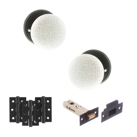 Atlantic Old English Skipton Door Knob Pack (Latch Set - 4" HD Latch, 3" Fire Rated Hinges x3) - Matt Black