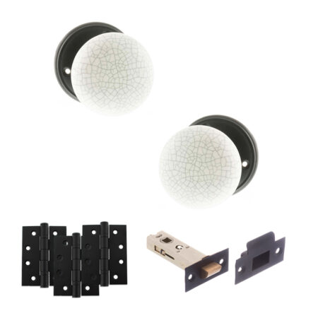 Atlantic Old English Skipton Door Knob Pack (Latch Set - 4" HD Latch, 4" Fire Rated Hinges x3) - Matt Black