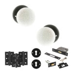 Atlantic Old English Skipton Door Knob Pack (Lock Set - 3" Latch & Deadlock, 3" Fire Rated Hinges x3) - Matt Black