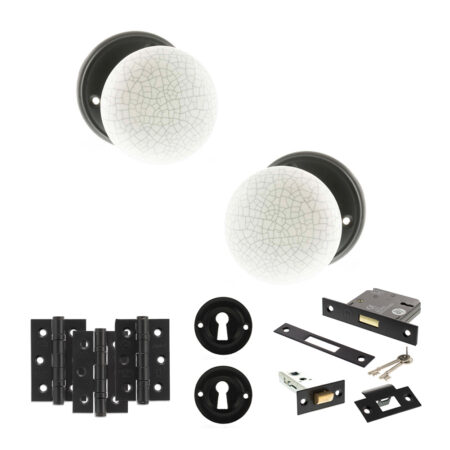 Atlantic Old English Skipton Door Knob Pack (Lock Set - 3" Latch & Deadlock, 3" Fire Rated Hinges x3) - Matt Black
