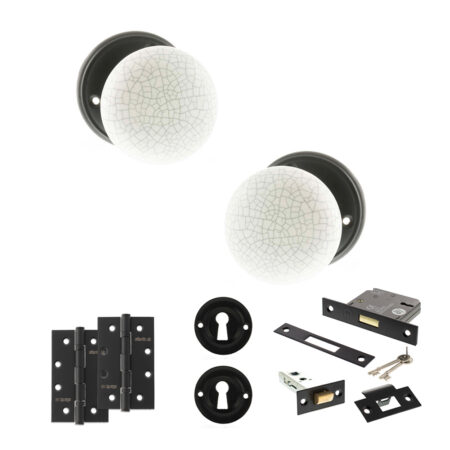 Atlantic Old English Skipton Door Knob Pack (Lock Set - 3" Latch & Deadlock, 4" Slim Knuckle Hinges x2) - Matt Black