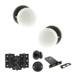 Atlantic Old English Skipton Door Knob Pack (Lock Set - Horizontal Bathlock, 3" Fire Rated Hinges x3) - Matt Black