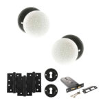 Atlantic Old English Skipton Door Knob Pack (Lock Set - Horizontal Sashlock, 4" Fire Rated Hinges x3) - Matt Black