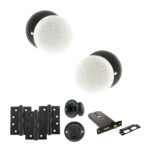 Atlantic Old English Skipton Door Knob Pack (Lock Set - Horizontal Bathlock, 4" Fire Rated Hinges x3) - Matt Black