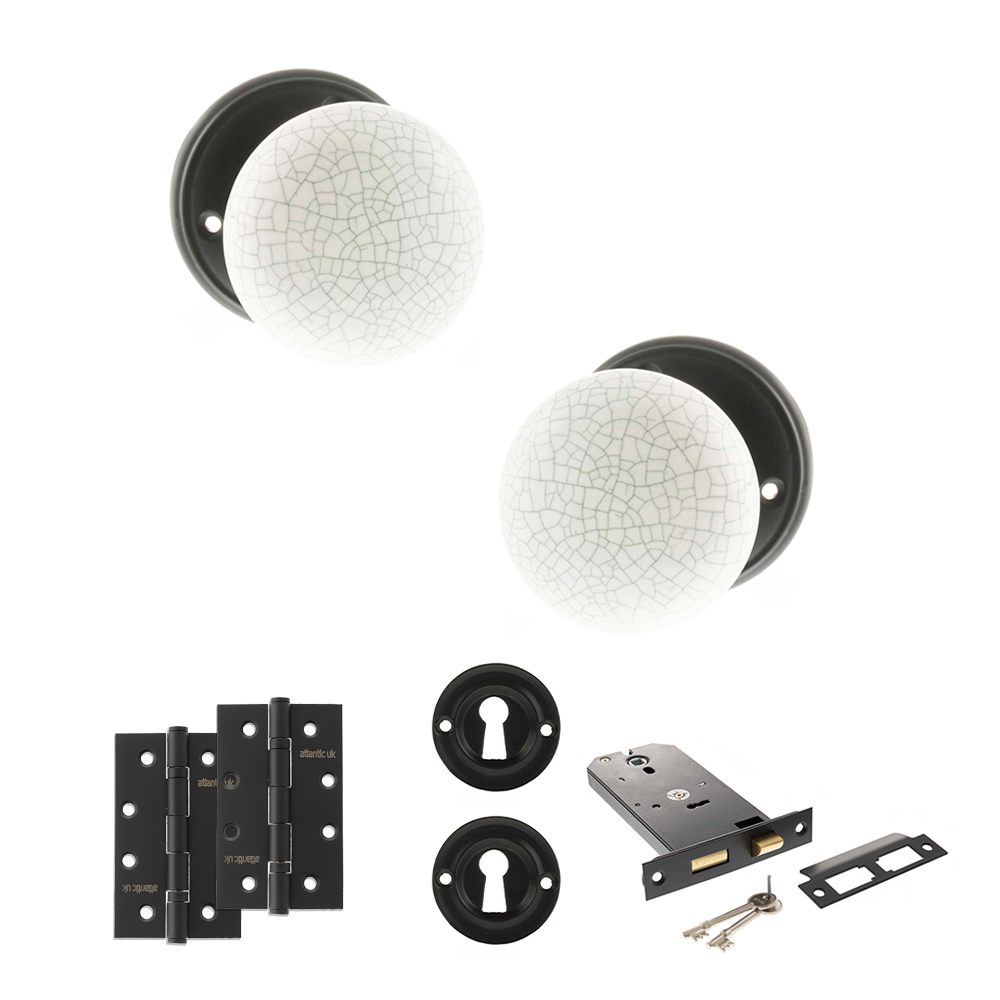 ADPOE59CMKWHMB73_OLD-ENGLISH-SKIPTON-MATT-BLACK.jpg Atlantic Old English Skipton Door Knob Pack (Lock Set - Horizontal Sashlock, 4" Slim Knuckle Hinges x2) - Matt Black - Image 1