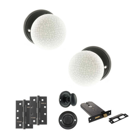 Atlantic Old English Skipton Door Knob Pack (Lock Set - Horizontal Bathlock, 4" Slim Knuckle Hinges x2) - Matt Black