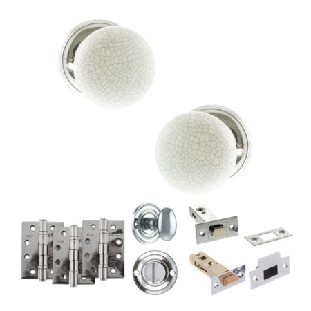 Atlantic Old English Skipton Door Knob Pack (Bathroom Set - 4" Deadbolt, 4" Fire Rated Hinges x3) - Polished Chrome