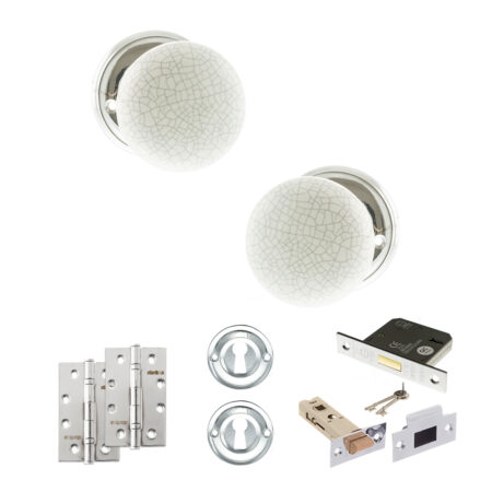 Atlantic Old English Skipton Door Knob Pack (Lock Set - 3" Latch & Deadlock, 4" Slim Knuckle Hinges x2) - Polished Chrome