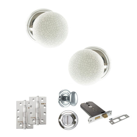 Atlantic Old English Skipton Door Knob Pack (Lock Set - Horizontal Bathlock, 4" Slim Knuckle Hinges x2) - Polished Chrome