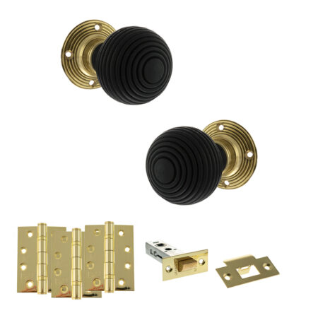 Atlantic Old English Whitby Door Knob Pack (Latch Set - 3" HD Latch, 4" Fire Rated Hinges x3) - Polished Brass
