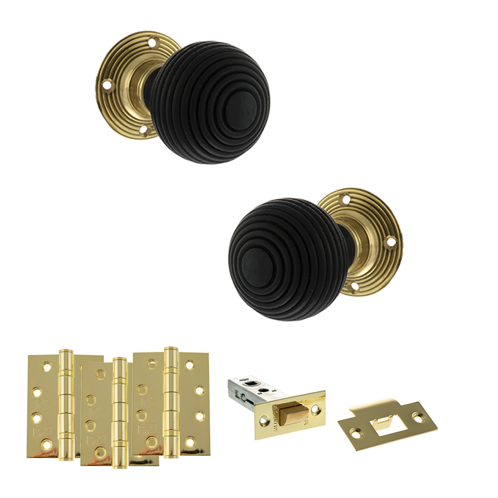 ADPOE60RREMKPB57_OLD-ENGLISH-WHITBY-POLISHED-BRASS.jpg Atlantic Old English Whitby Door Knob Pack (Latch Set - 4" HD Latch, 4" Fire Rated Hinges x3) - Polished Brass - Image 1