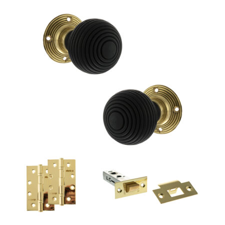 Atlantic Old English Whitby Door Knob Pack (Latch Set - 3" HD Latch, 4" Slim Knuckle Hinges x2) - Polished Brass