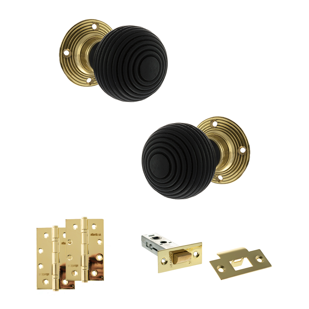 ADPOE60RREMKPB58_OLD-ENGLISH-WHITBY-POLISHED-BRASS.jpg Atlantic Old English Whitby Door Knob Pack (Latch Set - 3" HD Latch, 4" Slim Knuckle Hinges x2) - Polished Brass - Image 1