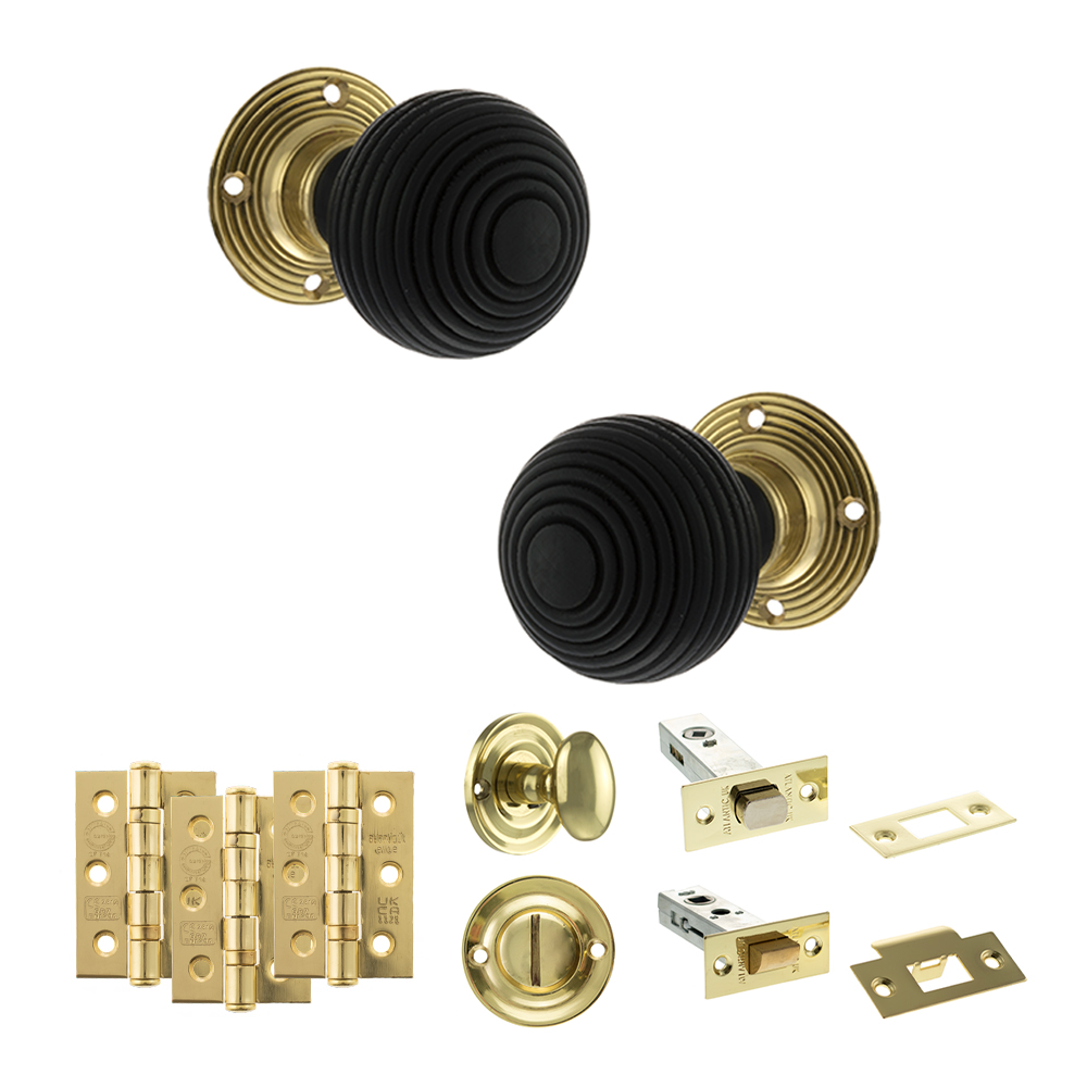 ADPOE60RREMKPB61_OLD-ENGLISH-WHITBY-POLISHED-BRASS.jpg Atlantic Old English Whitby Door Knob Pack (Bathroom Set - 4" Deadbolt, 3" Fire Rated Hinges x3) - Polished Brass - Image 1