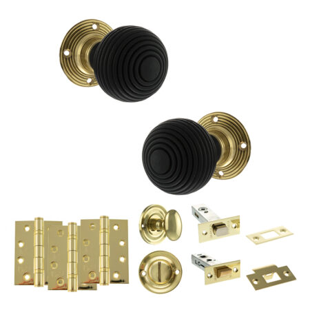 Atlantic Old English Whitby Door Knob Pack (Bathroom Set - 4" Deadbolt, 4" Fire Rated Hinges x3) - Polished Brass
