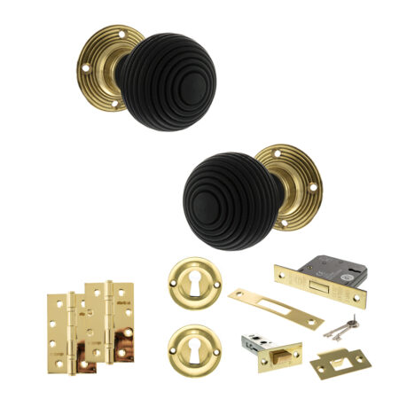 Atlantic Old English Whitby Door Knob Pack (Lock Set - 3" Latch & Deadlock, 4" Slim Knuckle Hinges x2) - Polished Brass