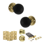 Atlantic Old English Whitby Door Knob Pack (Lock Set - Horizontal Bathlock, 3" Fire Rated Hinges x3) - Polished Brass
