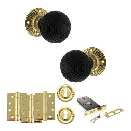 Atlantic Old English Whitby Door Knob Pack (Lock Set - Horizontal Sashlock, 4" Fire Rated Hinges x3) - Polished Brass