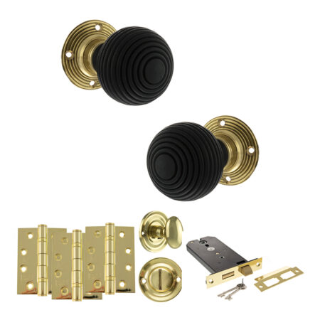 Atlantic Old English Whitby Door Knob Pack (Lock Set - Horizontal Bathlock, 4" Fire Rated Hinges x3) - Polished Brass