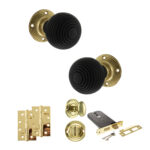 Atlantic Old English Whitby Door Knob Pack (Lock Set - Horizontal Bathlock, 4" Slim Knuckle Hinges x2) - Polished Brass