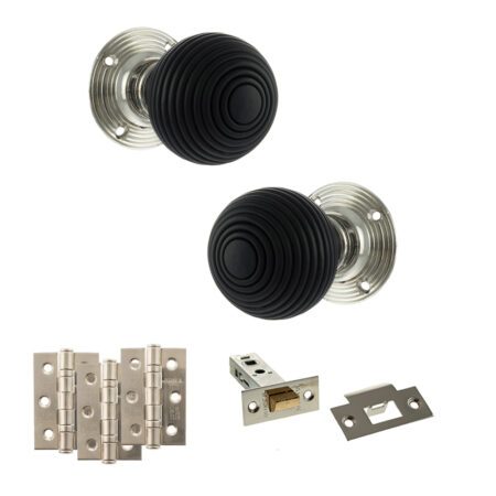 Atlantic Old English Whitby Door Knob Pack (Latch Set - 4" HD Latch, 3" Fire Rated Hinges x3) - Polished Nickel