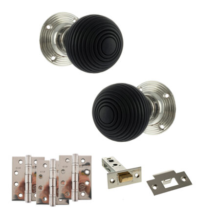 Atlantic Old English Whitby Door Knob Pack (Latch Set - 3" HD Latch, 4" Fire Rated Hinges x3) - Polished Nickel