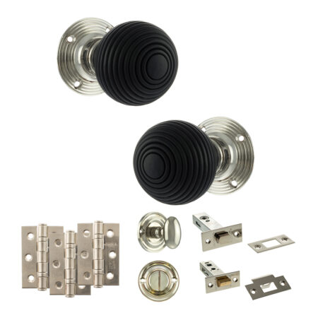 Atlantic Old English Whitby Door Knob Pack (Bathroom Set - 3" Deadbolt, 3" Fire Rated Hinges x3) - Polished Nickel