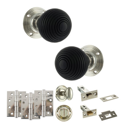 Atlantic Old English Whitby Door Knob Pack (Bathroom Set - 3" Deadbolt, 4" Fire Rated Hinges x3) - Polished Nickel
