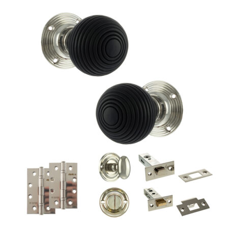 Atlantic Old English Whitby Door Knob Pack (Bathroom Set - 4" Deadbolt, 4" Slim Knuckle Hinges x2) - Polished Nickel